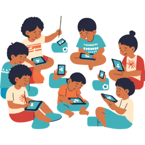 bambini che imparano a fare coding usando un'applicazione sul tablet