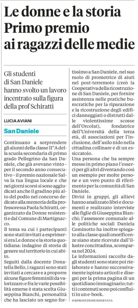 Articolo del Messaggero Veneto sul premio del concorso storico "Le donne e la storia"